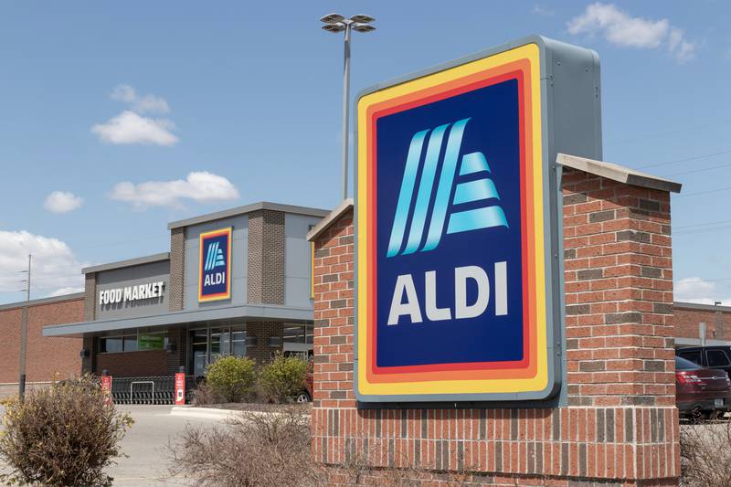 Aldi Discount Supermarket. Aldi sells a range of grocery items, including produce, meat and dairy at discount prices.