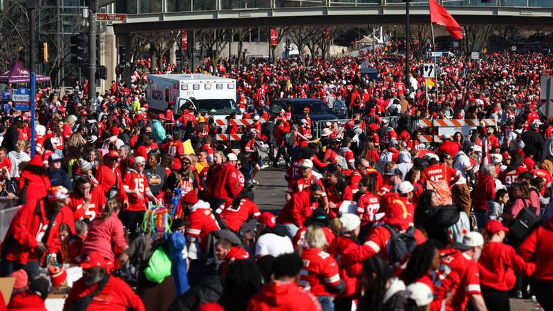 KANSAS CITY, MISSOURI - FEBRUARY 14: People leave the area following a shooting at Union Station during the Kansas City Chiefs Super Bowl LVIII victory parade on February 14, 2024 in Kansas City, Missouri. Several people were shot and two people were detained after a rally celebrating the Chiefs Super Bowl victory. (Photo by Jamie Squire/Getty Images)